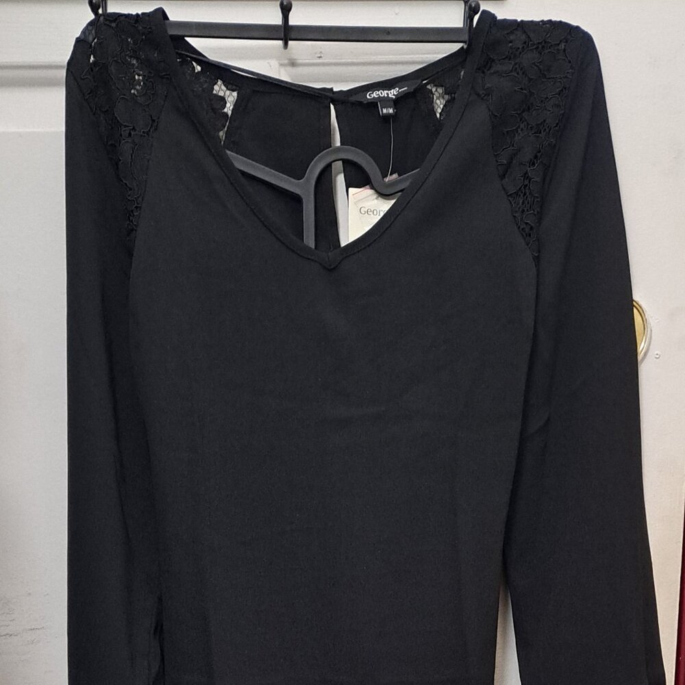 NWT George Black Lace Trim Yoke Long Sleeve Blouse